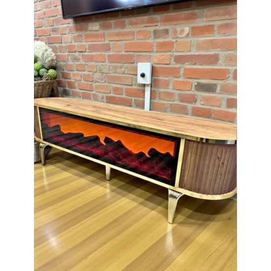 Tv Ünitesi Şömineli Kahve Gold Ayak Bluetooth Ve Hoparlörlü Mavi ,kırmızı ,turuncu Kumandalı 180 Cm şöminetv-001, one size