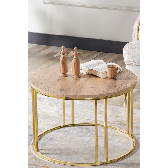Salon Orta Sehpa 70 CM AÇIK CEVİZ Suntalam (Gold) Metal Ayak Orta Sehpa CORT-004, one size