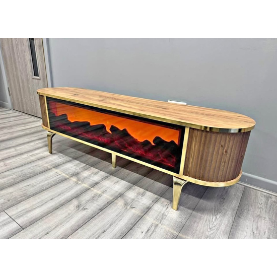 Tv Ünitesi Şömineli Kahve Gold Ayak Bluetooth Ve Hoparlörlü Mavi ,kırmızı ,turuncu Kumandalı 180 Cm şöminetv-001, one size