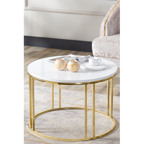 Salon Orta Sehpa 70 CM BEYAZ Suntalam (Gold) Metal Ayak Orta Sehpa CORT-004, one size