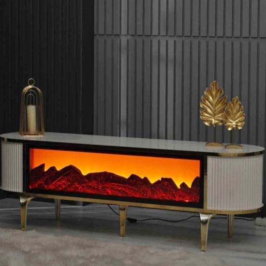 Tv Ünitesi Şömineli Beyaz Gold Ayak Bluetooth Ve Hoparlörlü Mavi ,kırmızı ,turuncu Kumandalı 160 Cm şöminetv-002, one size