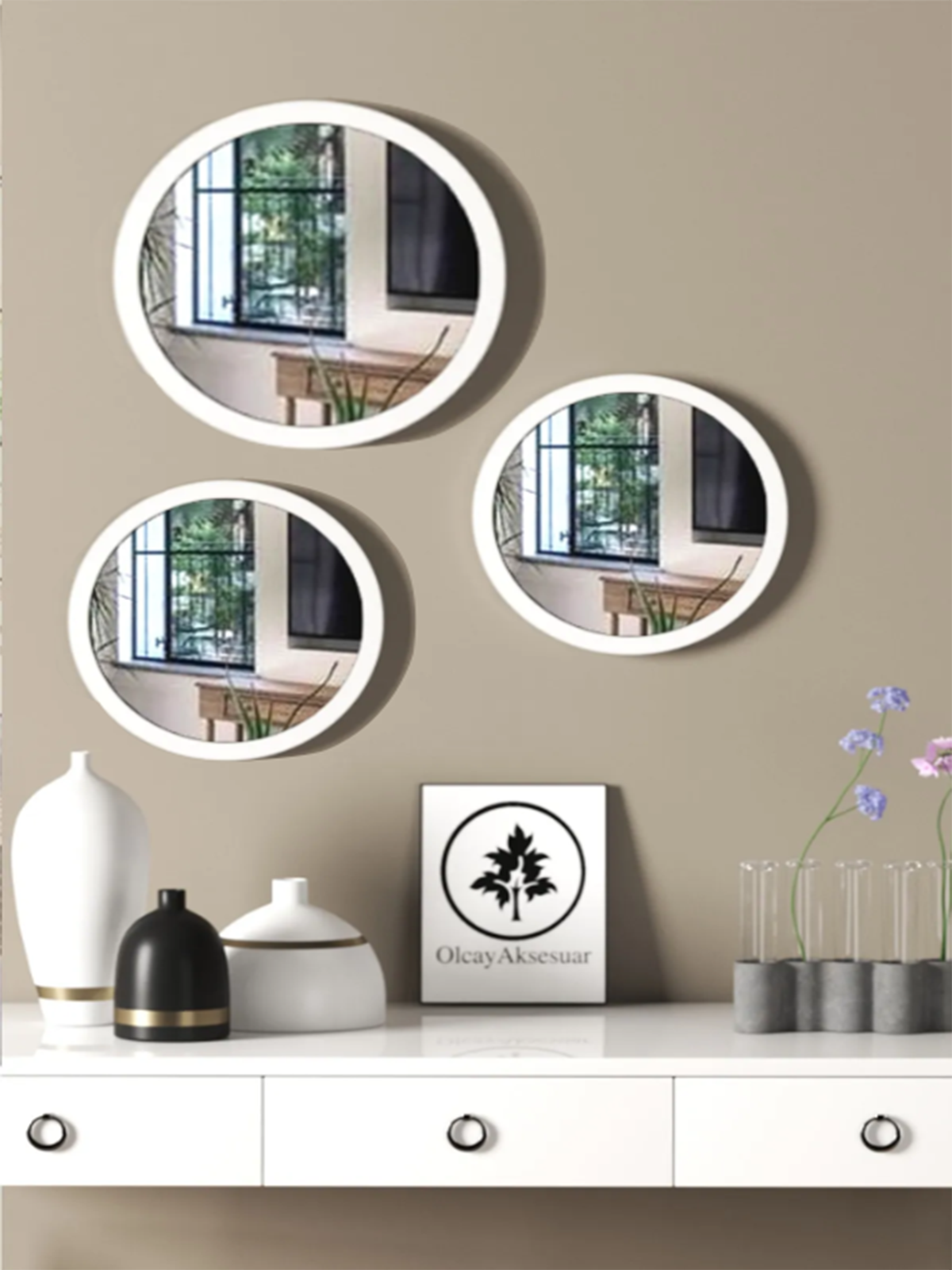 2Lİ DEKORATİF 60 CM 2 ADET AÇIK CEVİZ DUVAR AYNASI WC HOL ANTRE ODA KONSOL AYNASI 60 CM 60cm2li-ayna-001, one size