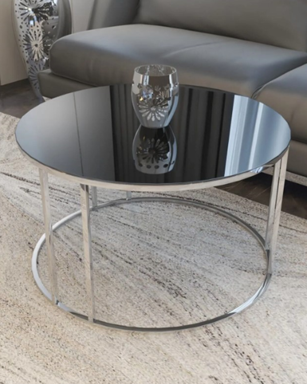 Salon Orta Temperli SİYAH AYNALI (Kırılmaz) Cam (GÜMÜŞ) Metal Ayak Orta Sehpa ORTA-001, one size