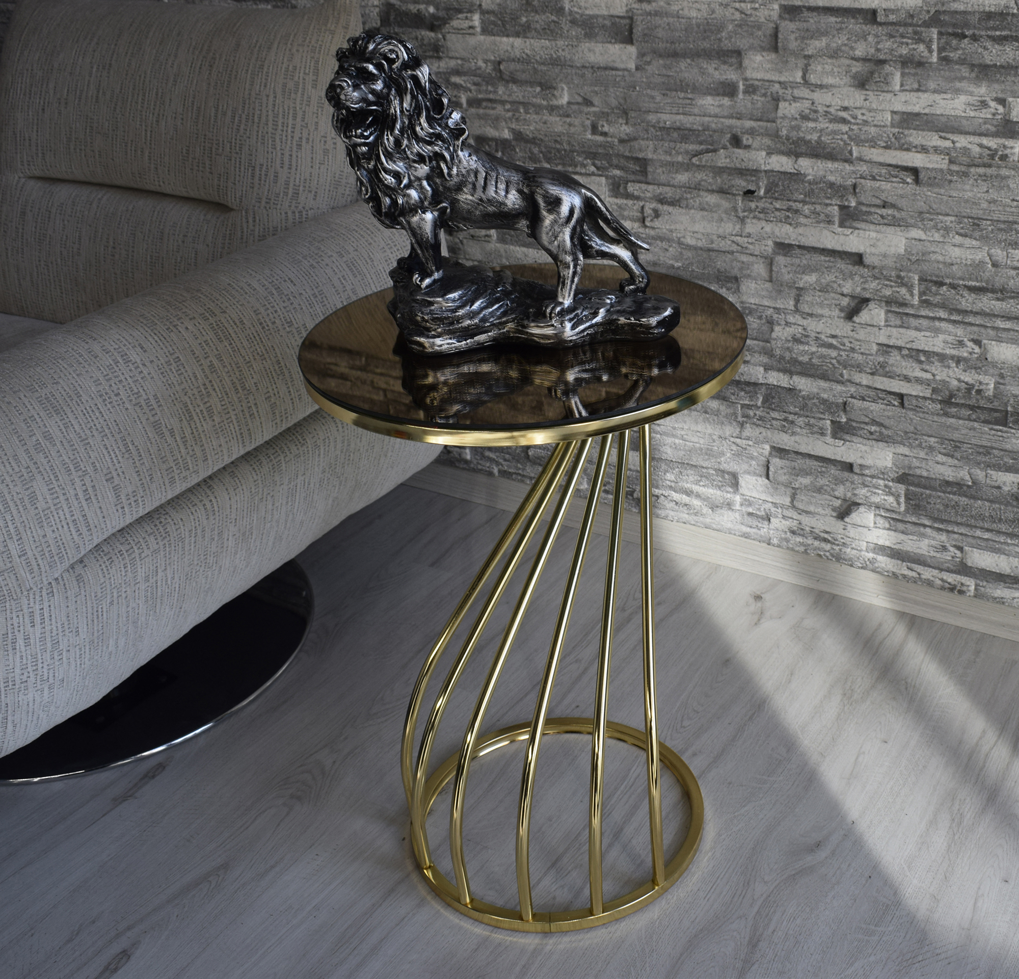 3-lü Bronz Ayna Gold Ayak Kuğu Zigon Sehpa