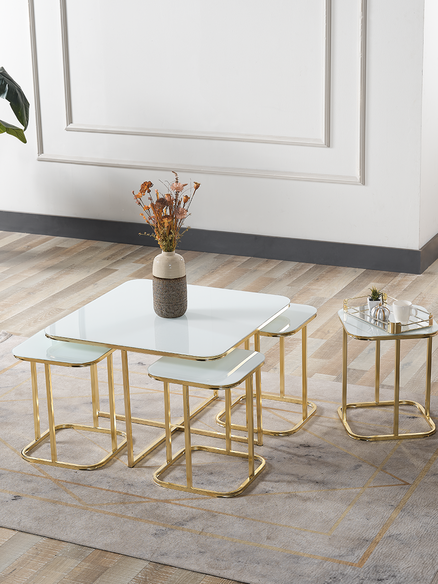 Pelikan 4+1 Beyaz Temperli Cam Gold Metal Ayak Takım Sehpa Sedaş Living Units Sehpa