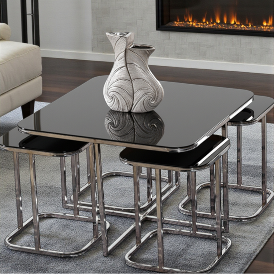 5'li Oval Kenar Siyah Temperli Cam Gümüş Ayak Takım Sehpa