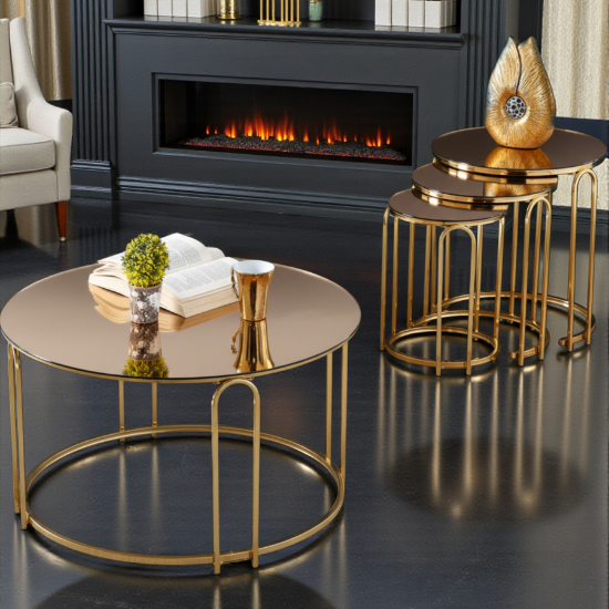 4'lü Bronz Ayna Gold Ayak Lenka Model Takım Sehpa